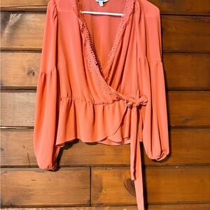 Express Pink Wrap Blouse with Lace Trim